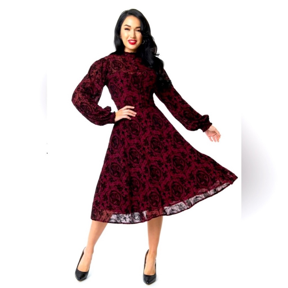 SOLD! NWT Unique Vintage Large La Catrina Burnout Lace Leota Dress Burgundy